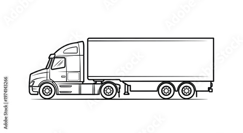 Detailed line art vector illustration of a modern semi-truck with an enclosed trailer design