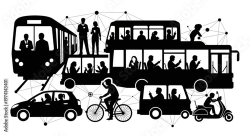 Diverse urban transportation modes silhouette illustration.