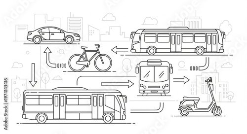 Diverse urban transportation modes illustration with arrows.