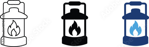 Vintage camping lantern icon set, rustic kerosene lamp vector illustrations, outdoor adventure gas light symbols for hiking and survival