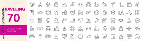 Traveling icon set. Editable line icons. Vector illustration.