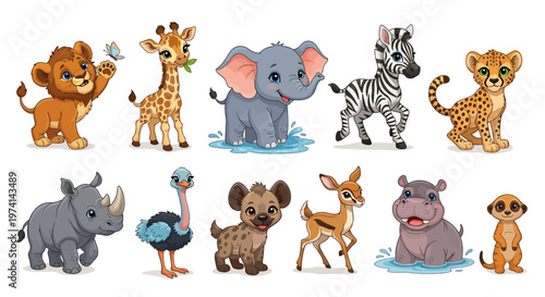 Collection of cute cartoon wild animal characters including lion elephant and zebra