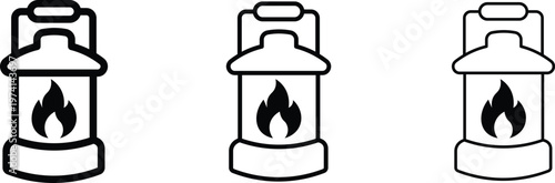 Vintage camping lantern icons set, rustic kerosene lamp vector illustrations, outdoor adventure oil lamp symbols with flame detail