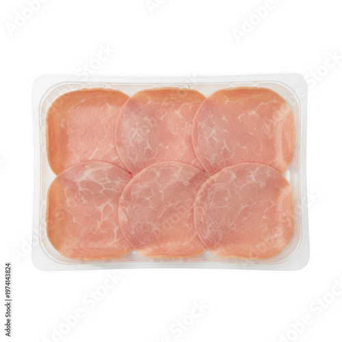 Sliced deli ham in a plastic tray isolated on a transparent background