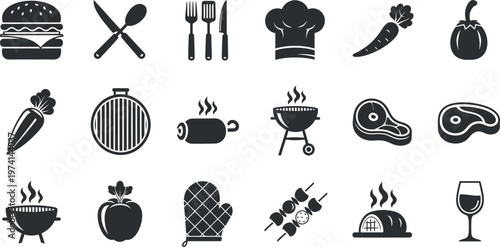A collection of black and white icons related to food and cooking