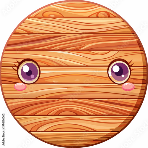 A cartoon wooden circle with a face and purple eyes