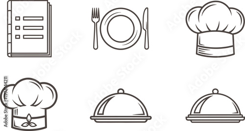 A set of six black and white chef hat and food icons