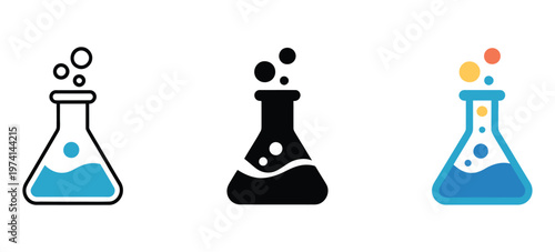 Creative lab scene depicting a laboratory flask with rising bubbles, same silhouette arranged evenly across the width then