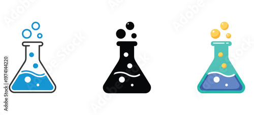 Creative lab scene depicting a laboratory flask with rising bubbles, same silhouette arranged evenly across the width then, repeating scientific pattern