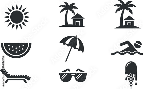 A collection of black and white icons for summer vacation