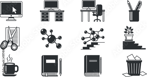 Office and study icons in black and white