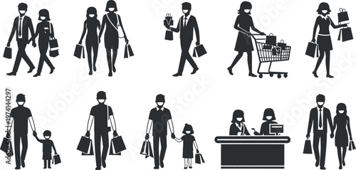 Black and white illustration of people shopping while wearing face masks