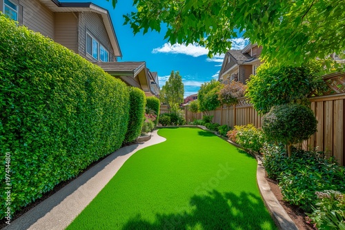 Perfect backyard garden with green lawn and hedge