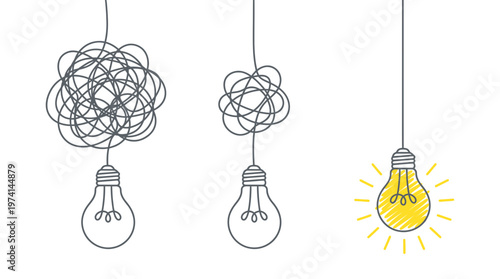 Illustration of three light bulbs transitioning from messy tangled lines to a bright glowing lamp, representing simplified complex thinking and symbolizing innovative solution discovery
