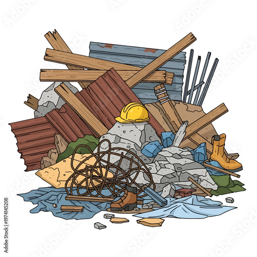 Pile of construction debris with safety helmet and boots