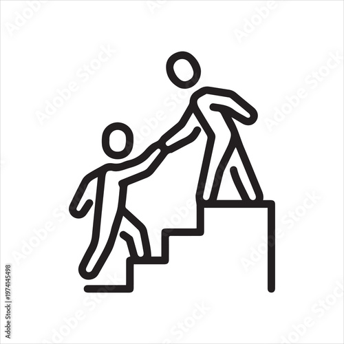 Person helping another climb stairs, linear icon. Career growth and mentorship support. Line with editable stroke.