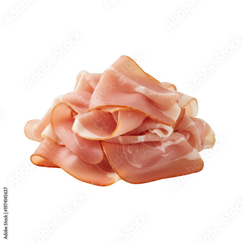 Thinly sliced pink ham folded in a pile isolated on a transparent background