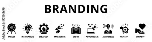 Branding banner web icon vector illustration concept with icon of target, innovation, strategy, marketing, story, advertising, awareness, quality and loyalty
