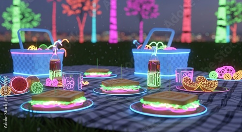 Glowing Picnic Scene with Sandwiches and Drinks Under Trees.