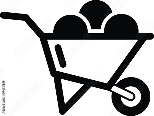 Black silhouette of a wheelbarrow filled with three large round objects on a transparent background.