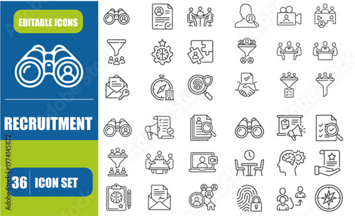 Recruitment Icon Set – Hiring, Recruiter, Employment, HR Agency & Global Recruitment Vector Icons
