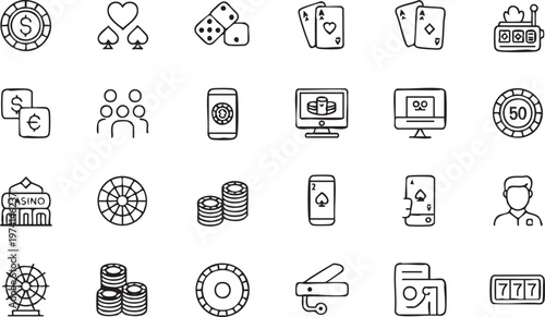 Casino Gambling Outline Icons with Poker Cards and Slot Machines