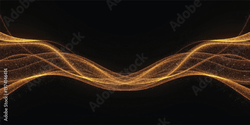 Symmetrical abstract golden glowing ribbons on black background with energy flow golden wave light wave smooth symmetrical abstract background ethereal illumination gradient seamless