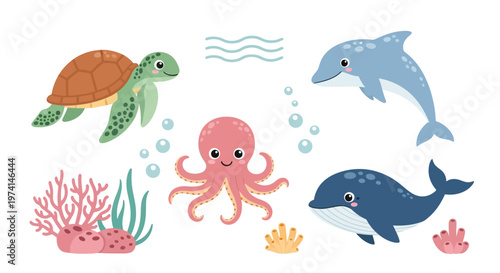 Colorful sea creatures swim together underwater with coral and bubbles.