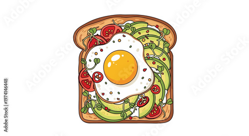 Delicious breakfast toast with egg avocado tomatoes and greens on a plate viewed from above.