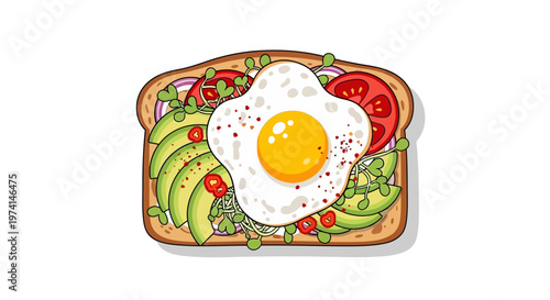 Illustration of toast topped with egg and sliced avocado and vegetables on a white background.