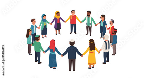 Diverse group of people from different cultures and religions holding hands in a circle together.