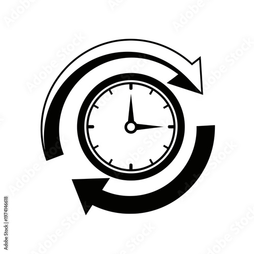 Clock with circular arrows around it.