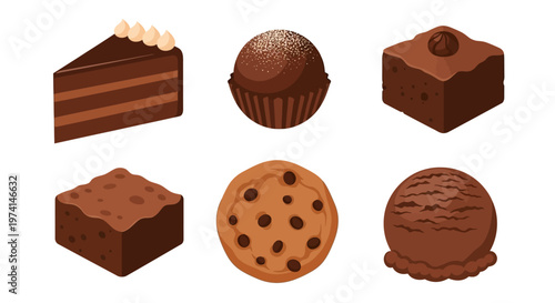 Illustration of assorted chocolate desserts on a white background including cake and cookies