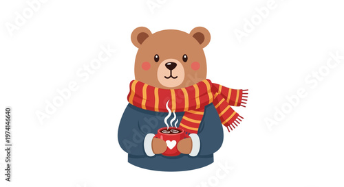 A cute brown bear wearing a scarf and sweater holds a hot cup of coffee.