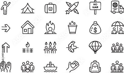 Migration and Emergency Aid Icons Set for Global Crisis Awareness