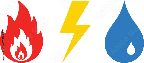 Collection of elemental symbols representing fire power electricity and water utilities for service.