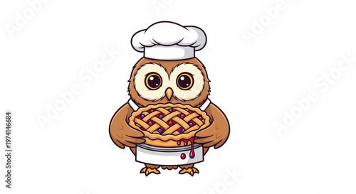Owl chef holds a freshly baked fruit pie in kitchen.