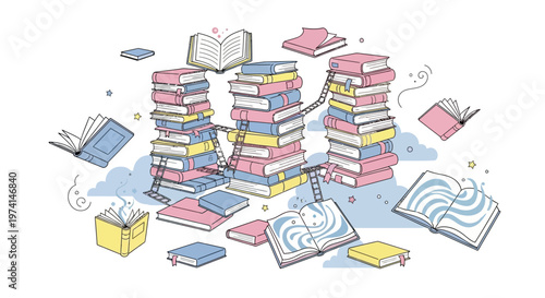 An illustration depicts multiple stacks of books falling and floating in air with ladders nearby.