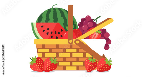 Fresh fruits spilling out of a wicker picnic basket on a white background