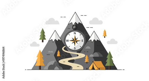 Illustration of a compass guiding a winding path through mountains and trees to a tent.
