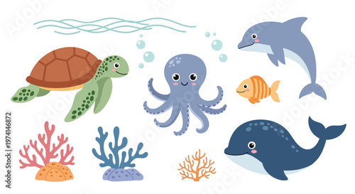 Colorful ocean creatures swim near coral reef in underwater scene with sea turtle and fish.