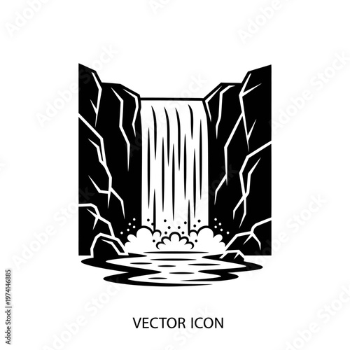 Waterfall pouring down rocky cliff.