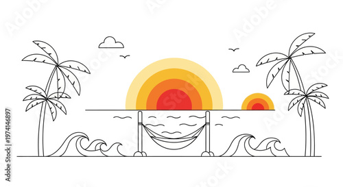 A serene beach scene at sunset with a hammock between palm trees on the shore.