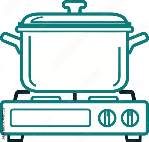 Cooking pot on a gas stove with control knobs and display for kitchen and culinary activity.