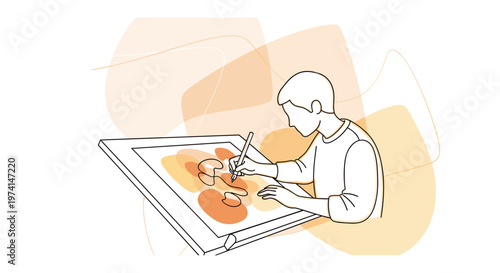 Person painting on canvas in minimalist line art style with warm orange lighting for artistic education