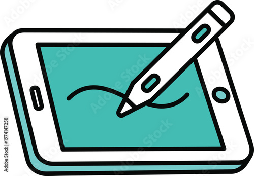 Digital drawing tablet with stylus pen drawing curves on screen illustration vector.
