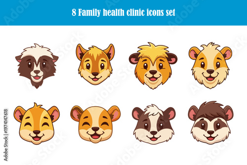 A set of eight adorable cartoon animal faces, designed in a playful, cartoon style. Each animal face radiates charm, perfect for conveying themes of health, care and joy