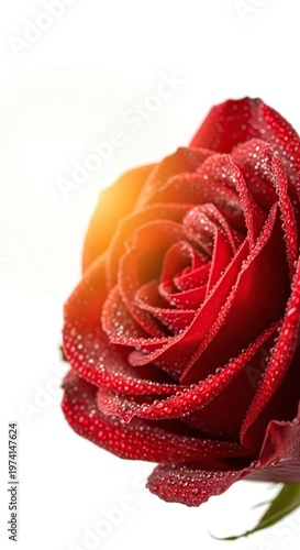 Close-up of a vibrant red rose with water droplets, illuminated by sunlight.