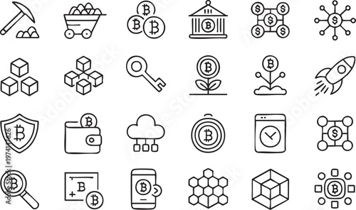 Fintech and Cryptocurrency Icons for Web and App Interfaces