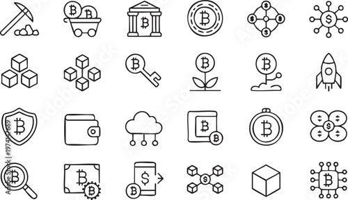 Bitcoin Mining and Blockchain Icons for Technology Projects